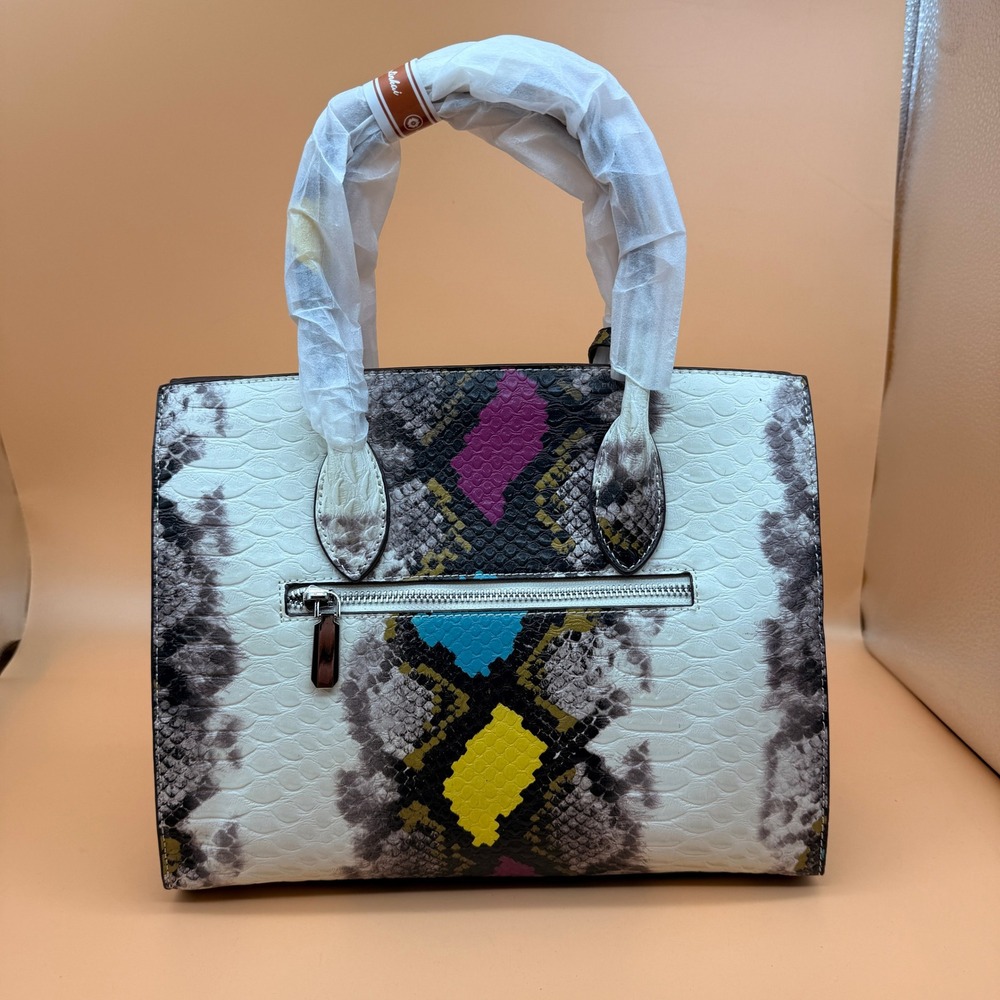 Women's Multicolor White Snake Skin Print Top Handle Bag Satchel Crossbody - Picture 4 of 6